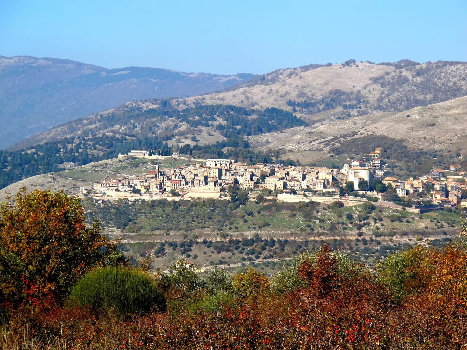 Acuto sul crinale, con le case del paese e i colori dell'autunno in primo piano