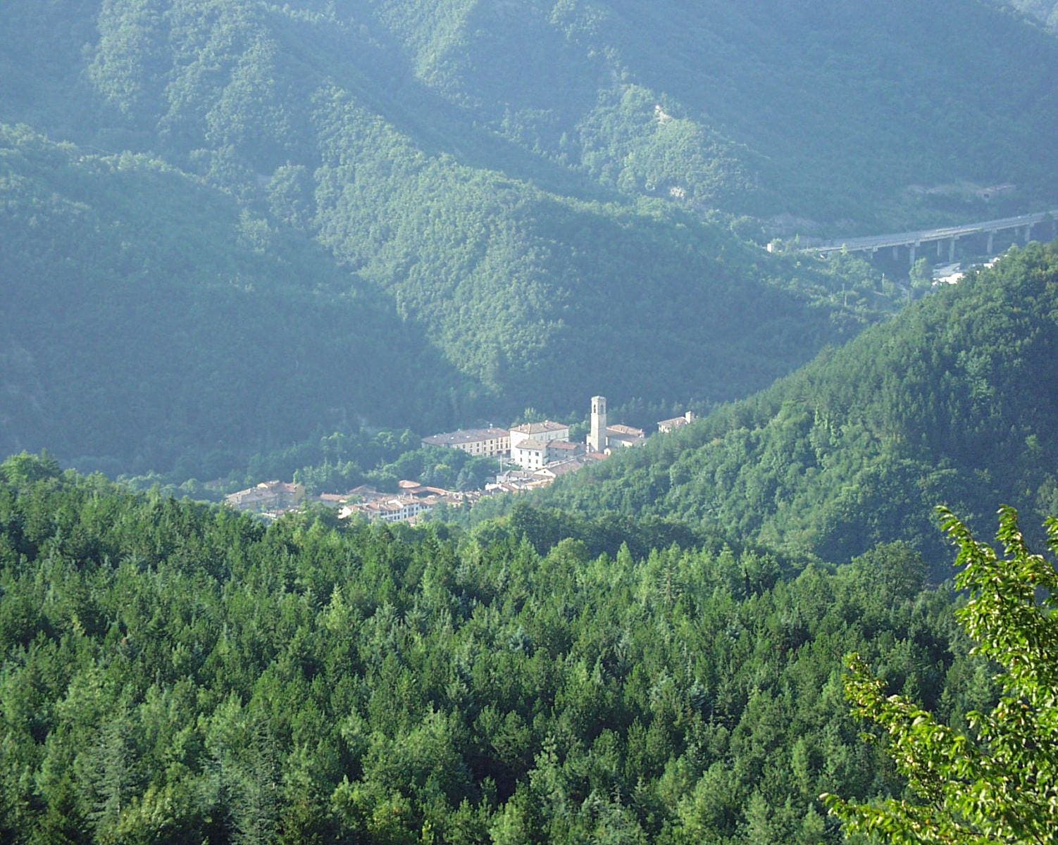Bagno di Romagna nella valle tra i boschi, vista dal castello di Corzano