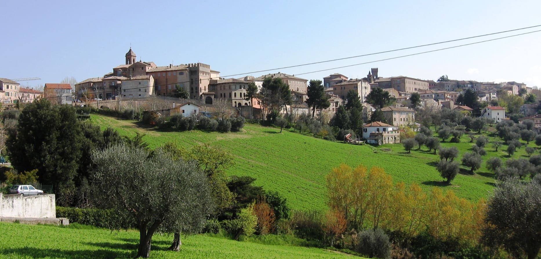 Il centro storico di Ostra sulla collina, con gli ulivi e i prati davanti