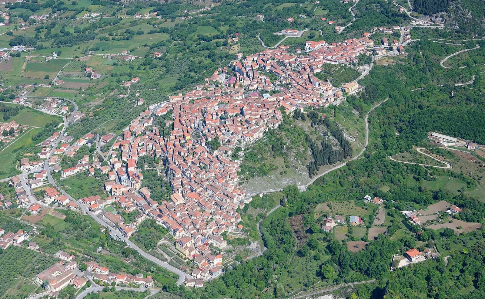 Padula vista dall'alto da sud-est, con le case sul colle tra il verde